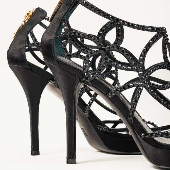 Louis Vuitton Tisha Crystal Studded Black Satin Cage Strap Heel Platform Sandal - Picture 8 of 10